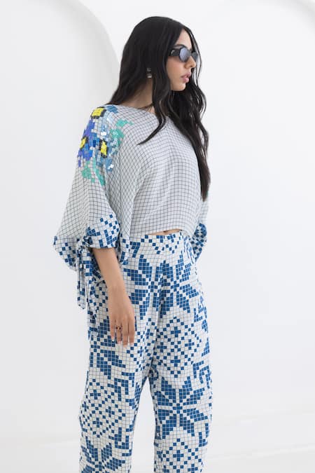 Shop Pooja Rajgarhia Gupta Off White Crepe Embroidery Round Neck Checkered Print Top And Trouser Set Online at Aza Fashions Shop_Pooja Rajgarhia Gupta_Off White Crepe Embroidery Round Neck Checkered Print Top And Trouser Set _Online_at_Aza_Fashions