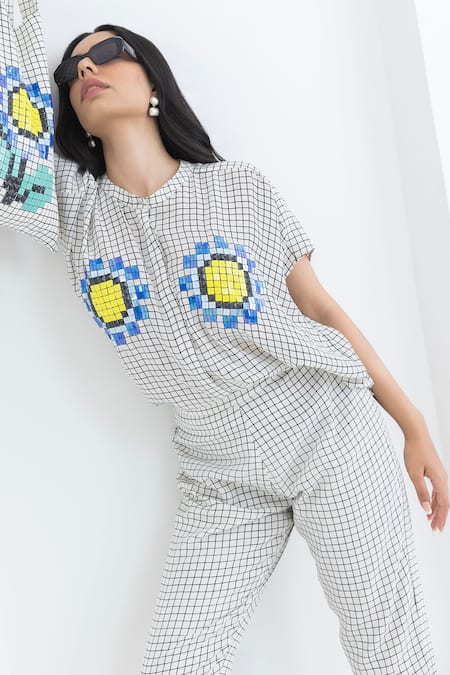 Shop Pooja Rajgarhia Gupta Off White Crepe Embroidery Bandeau Neck Checkered Print Box Shirt And Trouser Set at Aza Fashions Shop_Pooja Rajgarhia Gupta_Off White Crepe Embroidery Bandeau Neck Checkered Print Box Shirt And Trouser Set _at_Aza_Fashions