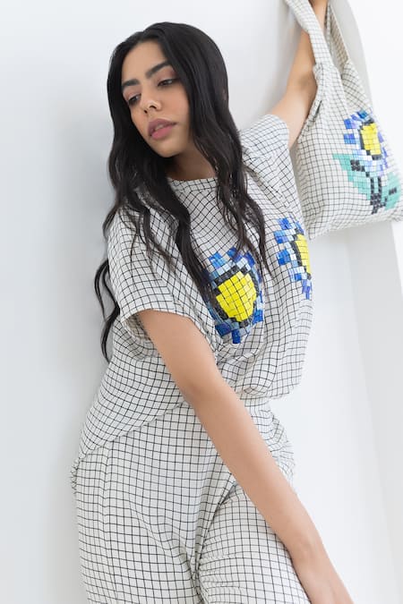 Pooja Rajgarhia Gupta Off White Crepe Embroidery Bandeau Neck Checkered Print Box Shirt And Trouser Set Online at Aza Fashions Pooja Rajgarhia Gupta_Off White Crepe Embroidery Bandeau Neck Checkered Print Box Shirt And Trouser Set _Online_at_Aza_Fashions