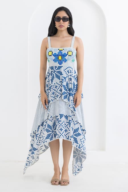 Pooja Rajgarhia Gupta Off White Crepe Print Matrix Square Asymmetric Dress