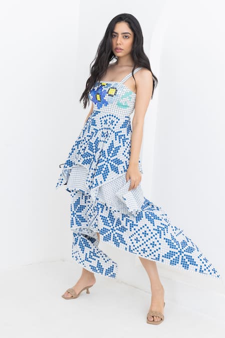 Shop Pooja Rajgarhia Gupta Off White Crepe Square Neck Matrix Asymmetric Dress Online at Aza Fashions Shop_Pooja Rajgarhia Gupta_Off White Crepe Square Neck Matrix Asymmetric Dress _Online_at_Aza_Fashions