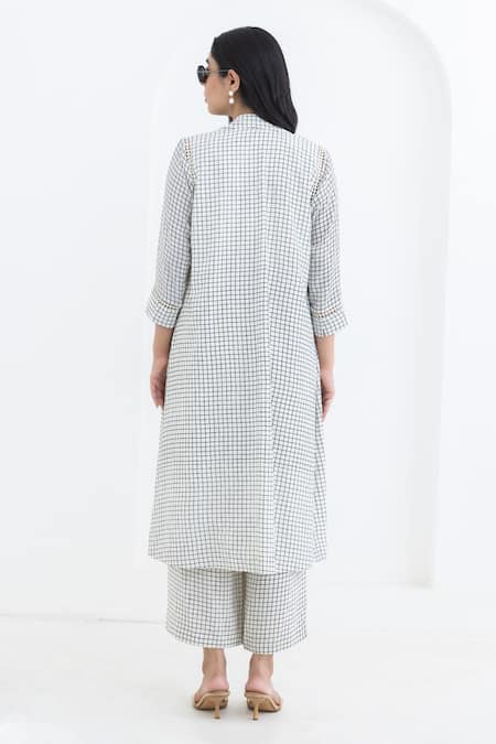 Shop Pooja Rajgarhia Gupta Off White Crepe Embroidery, Cut Work Square Neck, Grid Print Jacket And Pant Set at Aza Fashions Shop_Pooja Rajgarhia Gupta_Off White Crepe Embroidery, Cut Work Square Neck, Grid Print Jacket And Pant Set _at_Aza_Fashions