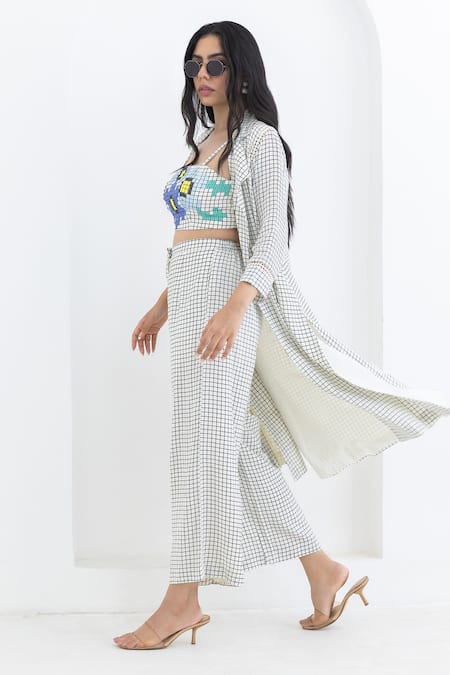 Pooja Rajgarhia Gupta Off White Crepe Embroidery, Cut Work Square Neck, Grid Print Jacket And Pant Set Online at Aza Fashions Pooja Rajgarhia Gupta_Off White Crepe Embroidery, Cut Work Square Neck, Grid Print Jacket And Pant Set _Online_at_Aza_Fashions