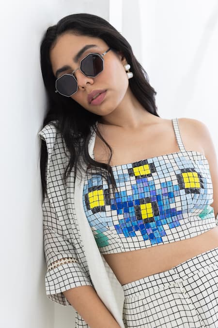 Buy Pooja Rajgarhia Gupta Off White Crepe Embroidery, Cut Work Square Neck, Grid Print Jacket And Pant Set Online at Aza Fashions Buy_Pooja Rajgarhia Gupta_Off White Crepe Embroidery, Cut Work Square Neck, Grid Print Jacket And Pant Set _Online_at_Aza_Fashions