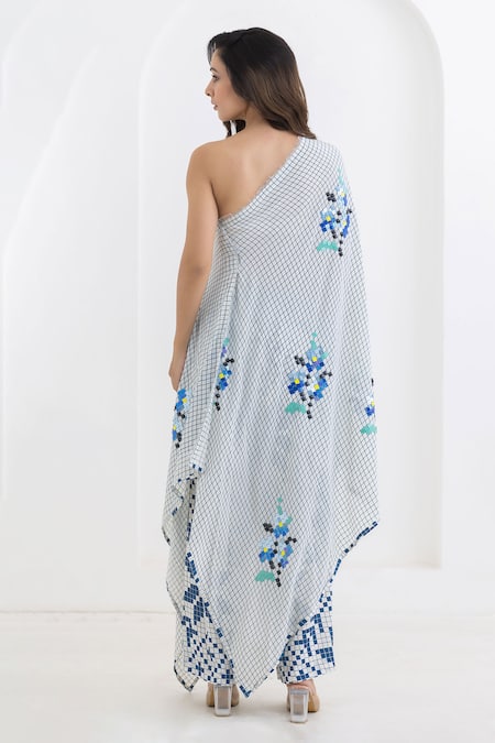 Shop Pooja Rajgarhia Gupta Off White Crepe Embroidery Matrix Floral Print One Shoulder Tunic With Trouser at Aza Fashions Shop_Pooja Rajgarhia Gupta_Off White Crepe Embroidery Matrix Floral Print One Shoulder Tunic With Trouser _at_Aza_Fashions