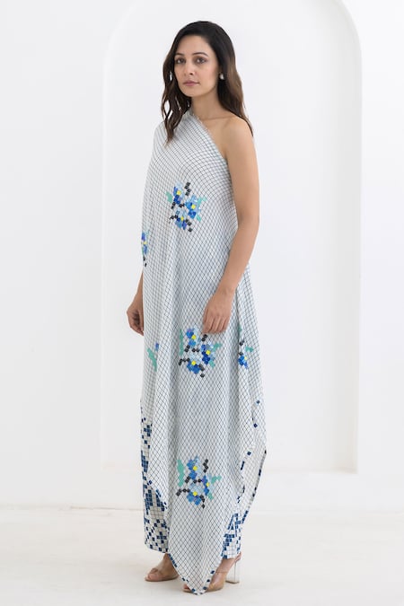 Pooja Rajgarhia Gupta Off White Crepe Embroidery Matrix Floral Print One Shoulder Tunic With Trouser Online at Aza Fashions Pooja Rajgarhia Gupta_Off White Crepe Embroidery Matrix Floral Print One Shoulder Tunic With Trouser _Online_at_Aza_Fashions