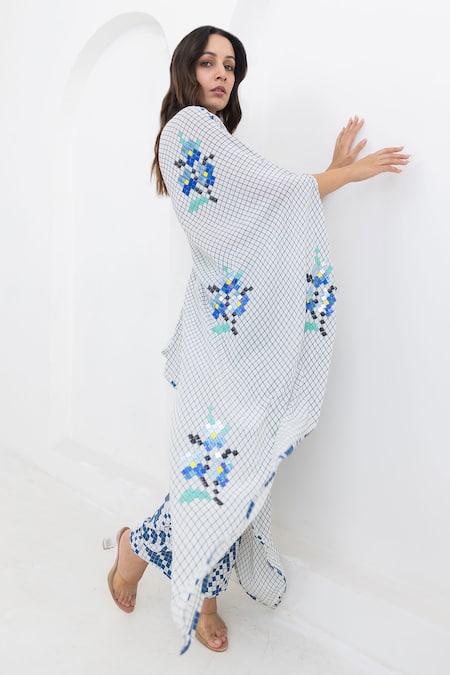 Shop Pooja Rajgarhia Gupta Off White Crepe Embroidery Matrix Floral Print One Shoulder Tunic With Trouser Online at Aza Fashions Shop_Pooja Rajgarhia Gupta_Off White Crepe Embroidery Matrix Floral Print One Shoulder Tunic With Trouser _Online_at_Aza_Fashions