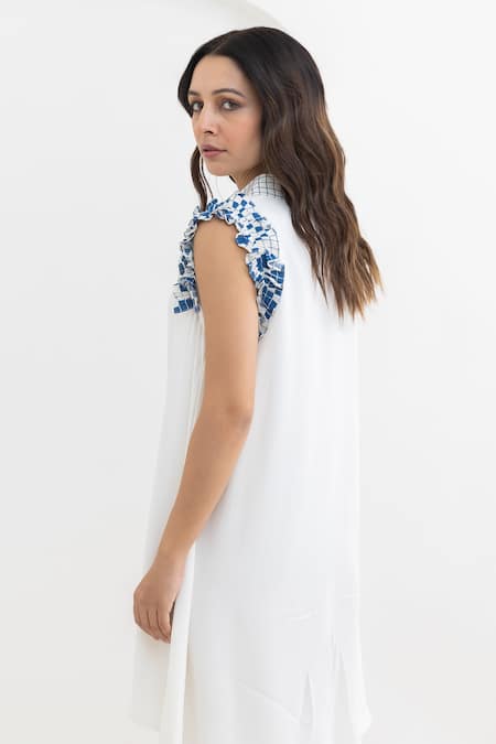 Shop Pooja Rajgarhia Gupta Off White Crepe Collared Frilly Sleeves Plain Dress at Aza Fashions Shop_Pooja Rajgarhia Gupta_Off White Crepe Collared Frilly Sleeves Plain Dress _at_Aza_Fashions