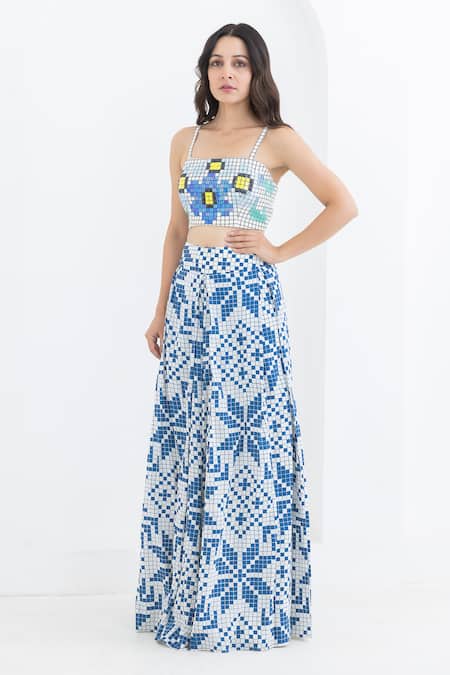 Pooja Rajgarhia Gupta Off White Crepe Print Matrix Square Bloom Bustier With Trouser