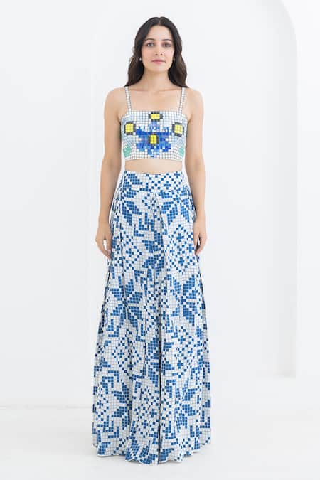 Shop Pooja Rajgarhia Gupta Off White Crepe Embroidery Square Neck Matrix Bloom Print Bustier With Trouser at Aza Fashions Shop_Pooja Rajgarhia Gupta_Off White Crepe Embroidery Square Neck Matrix Bloom Print Bustier With Trouser _at_Aza_Fashions