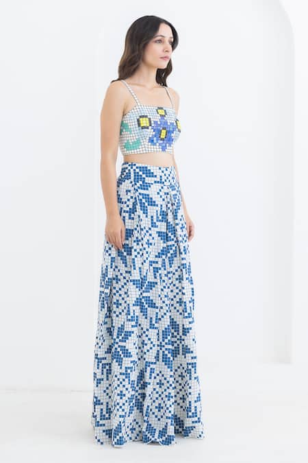 Pooja Rajgarhia Gupta Off White Crepe Embroidery Square Neck Matrix Bloom Print Bustier With Trouser Online at Aza Fashions Pooja Rajgarhia Gupta_Off White Crepe Embroidery Square Neck Matrix Bloom Print Bustier With Trouser _Online_at_Aza_Fashions