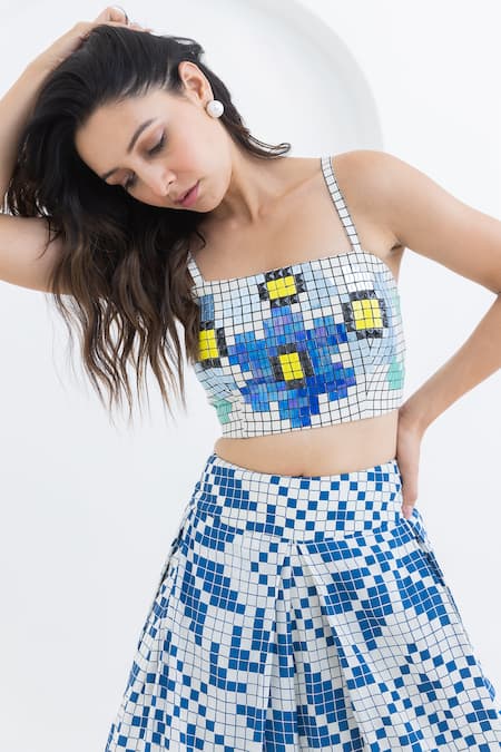 Buy Pooja Rajgarhia Gupta Off White Crepe Embroidery Square Neck Matrix Bloom Print Bustier With Trouser Online at Aza Fashions Buy_Pooja Rajgarhia Gupta_Off White Crepe Embroidery Square Neck Matrix Bloom Print Bustier With Trouser _Online_at_Aza_Fashions