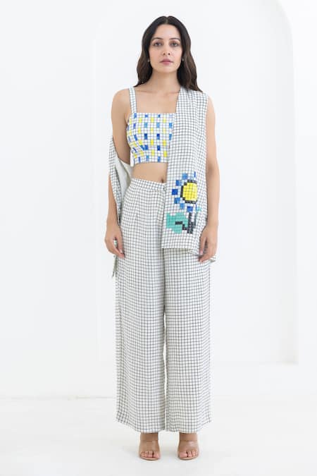 Buy_Pooja Rajgarhia Gupta_Off White Crepe Embroidery Square Neck, Sunflower Grid Print Jacket And Pant Set _Online_at_Aza_Fashions