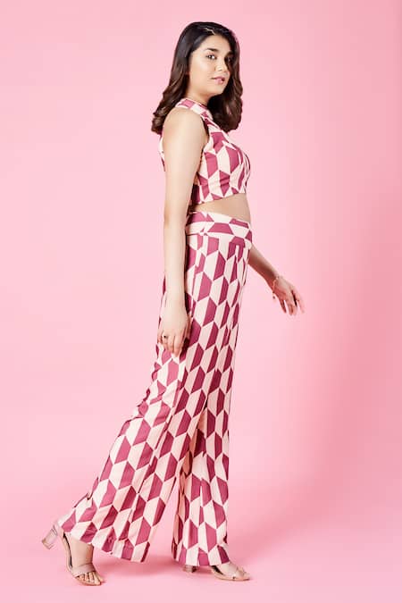 Sammohi By Moksha And Hiral Cream Satin High Neck Daphne Crop Top With Pant Online at Aza Fashions Sammohi By Moksha And Hiral_Cream Satin High Neck Daphne Crop Top With Pant _Online_at_Aza_Fashions