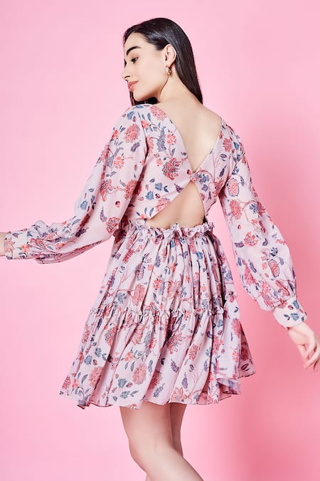 Shop Sammohi By Moksha And Hiral Beige Chiffon V-neck Zinnia Floral Print Short Dress at Aza Fashions Shop_Sammohi By Moksha And Hiral_Beige Chiffon V-neck Zinnia Floral Print Short Dress _at_Aza_Fashions