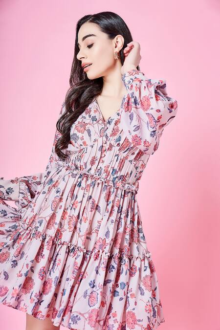 Sammohi By Moksha And Hiral Beige Chiffon V-neck Zinnia Floral Print Short Dress Online at Aza Fashions Sammohi By Moksha And Hiral_Beige Chiffon V-neck Zinnia Floral Print Short Dress _Online_at_Aza_Fashions