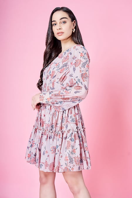 Buy Sammohi By Moksha And Hiral Beige Chiffon V-neck Zinnia Floral Print Short Dress Online at Aza Fashions Buy_Sammohi By Moksha And Hiral_Beige Chiffon V-neck Zinnia Floral Print Short Dress _Online_at_Aza_Fashions