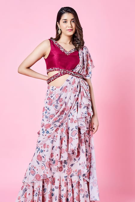 Sammohi By Moksha And Hiral_Beige Silk, Chiffon Sequins Zinnia Pre-draped Floral Print Saree With Blouse _Online_at_Aza_Fashions