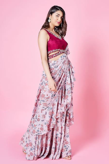Buy_Sammohi By Moksha And Hiral_Beige Silk, Chiffon Sequins Zinnia Pre-draped Floral Print Saree With Blouse _Online_at_Aza_Fashions