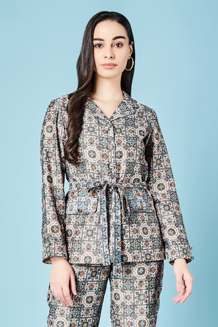 Sammohi By Moksha And Hiral Blue Chanderi Silk Collared Kai Shirt With Pant Online at Aza Fashions Sammohi By Moksha And Hiral_Blue Chanderi Silk Collared Kai Shirt With Pant _Online_at_Aza_Fashions