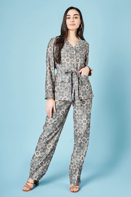 Shop Sammohi By Moksha And Hiral Blue Chanderi Silk Collared Kai Shirt With Pant Online at Aza Fashions Shop_Sammohi By Moksha And Hiral_Blue Chanderi Silk Collared Kai Shirt With Pant _Online_at_Aza_Fashions