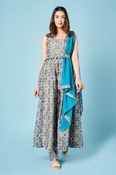 Sammohi By Moksha And Hiral Blue Chanderi Silk Tassels Round Neck Geometric Floral Print Anarkali With Pant 