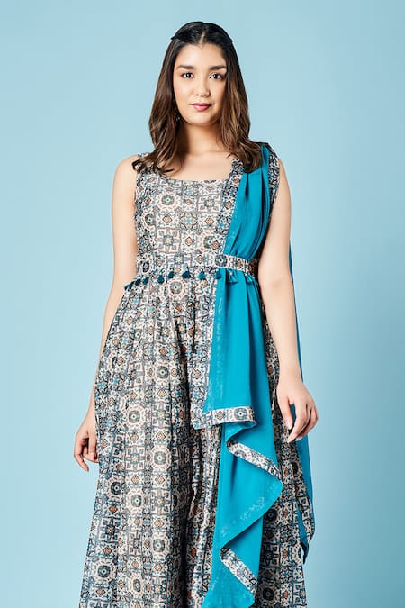 Sammohi By Moksha And Hiral Blue Chanderi Silk Tassels Round Neck Geometric Floral Print Anarkali With Pant Online at Aza Fashions Sammohi By Moksha And Hiral_Blue Chanderi Silk Tassels Round Neck Geometric Floral Print Anarkali With Pant _Online_at_Aza_Fashions