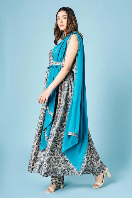 Buy Sammohi By Moksha And Hiral Blue Chanderi Silk Tassels Round Neck Geometric Floral Print Anarkali With Pant Online at Aza Fashions Buy_Sammohi By Moksha And Hiral_Blue Chanderi Silk Tassels Round Neck Geometric Floral Print Anarkali With Pant _Online_at_Aza_Fashions