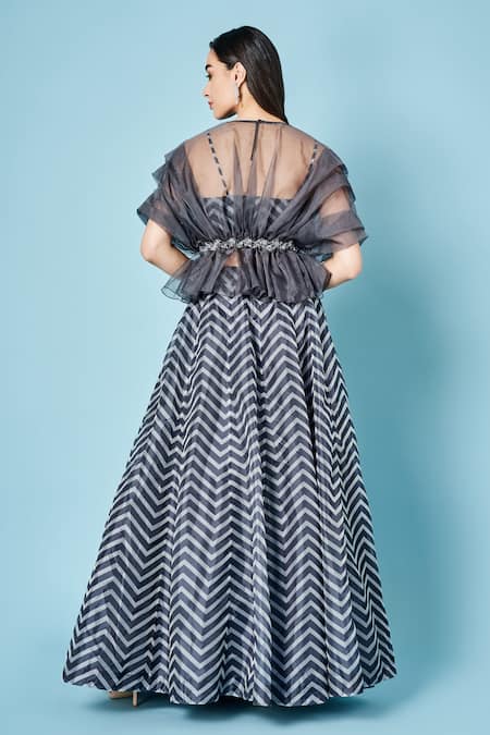 Shop Sammohi By Moksha And Hiral Grey Linen, Organza Round Neck Iris Chevron Pattern Blouse Skirt Set at Aza Fashions Shop_Sammohi By Moksha And Hiral_Grey Linen, Organza Round Neck Iris Chevron Pattern Blouse Skirt Set _at_Aza_Fashions