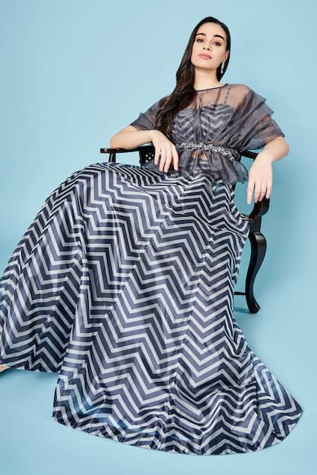 Shop Sammohi By Moksha And Hiral Grey Linen, Organza Round Neck Iris Chevron Pattern Blouse Skirt Set Online at Aza Fashions Shop_Sammohi By Moksha And Hiral_Grey Linen, Organza Round Neck Iris Chevron Pattern Blouse Skirt Set _Online_at_Aza_Fashions