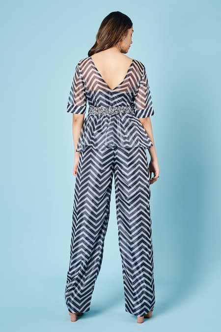 Shop Sammohi By Moksha And Hiral Grey Organza V-neck Iris Chevron Pattern Peplum Top With Pant at Aza Fashions Shop_Sammohi By Moksha And Hiral_Grey Organza V-neck Iris Chevron Pattern Peplum Top With Pant _at_Aza_Fashions