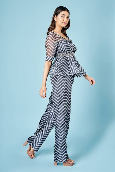 Shop Sammohi By Moksha And Hiral Grey Organza V-neck Iris Chevron Pattern Peplum Top With Pant Online at Aza Fashions Shop_Sammohi By Moksha And Hiral_Grey Organza V-neck Iris Chevron Pattern Peplum Top With Pant _Online_at_Aza_Fashions