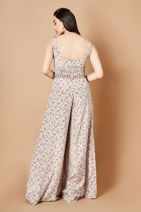 Shop Sammohi By Moksha And Hiral Green Crepe, Silk Beads Sweetheart Neck Juniper Geometric Print Jumpsuit at Aza Fashions Shop_Sammohi By Moksha And Hiral_Green Crepe, Silk Beads Sweetheart Neck Juniper Geometric Print Jumpsuit _at_Aza_Fashions