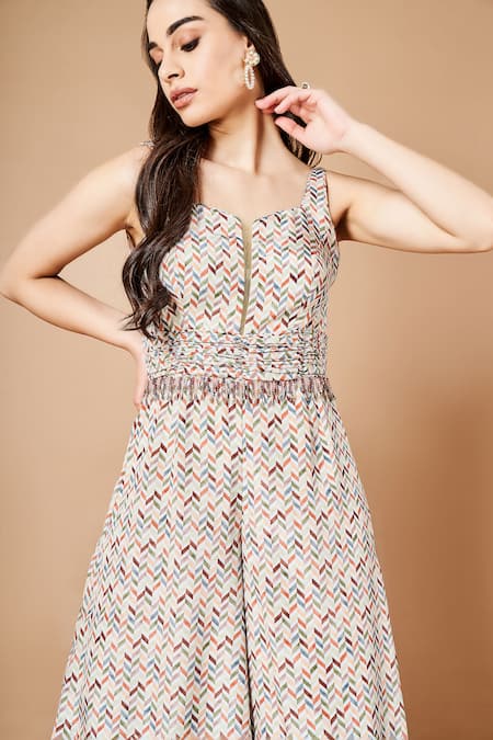 Sammohi By Moksha And Hiral Green Crepe, Silk Beads Sweetheart Neck Juniper Geometric Print Jumpsuit Online at Aza Fashions Sammohi By Moksha And Hiral_Green Crepe, Silk Beads Sweetheart Neck Juniper Geometric Print Jumpsuit _Online_at_Aza_Fashions