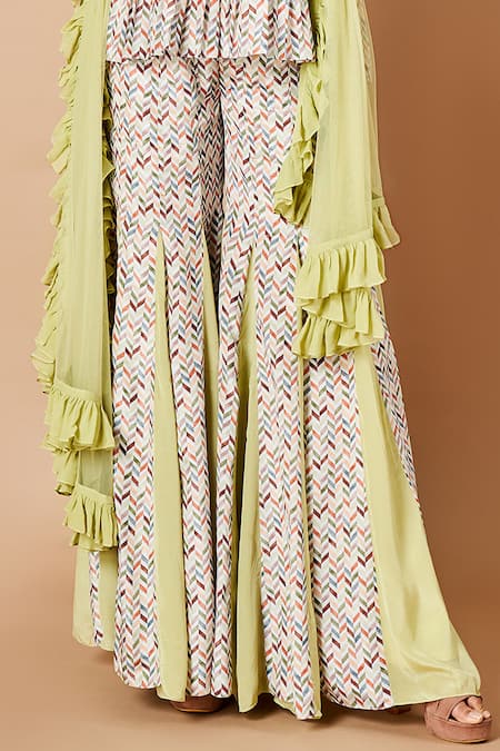 Buy Sammohi By Moksha And Hiral Green Crepe, Silk, Tulle Ruffles Juniper Geometric Print Kurta Sharara Set Online at Aza Fashions Buy_Sammohi By Moksha And Hiral_Green Crepe, Silk, Tulle Ruffles Juniper Geometric Print Kurta Sharara Set _Online_at_Aza_Fashions