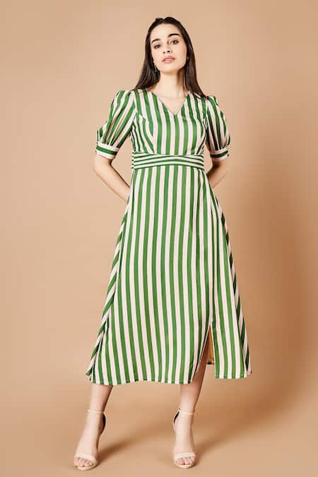 Sammohi By Moksha And Hiral Green Silk V-neck Silas Stripe Pattern Dress 