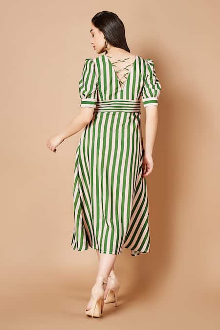 Shop Sammohi By Moksha And Hiral Green Silk V-neck Silas Stripe Pattern Dress at Aza Fashions Shop_Sammohi By Moksha And Hiral_Green Silk V-neck Silas Stripe Pattern Dress _at_Aza_Fashions