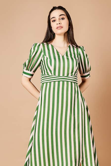 Sammohi By Moksha And Hiral Green Silk V-neck Silas Stripe Pattern Dress Online at Aza Fashions Sammohi By Moksha And Hiral_Green Silk V-neck Silas Stripe Pattern Dress _Online_at_Aza_Fashions