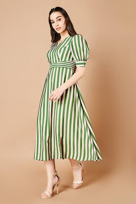 Buy Sammohi By Moksha And Hiral Green Silk V-neck Silas Stripe Pattern Dress Online at Aza Fashions Buy_Sammohi By Moksha And Hiral_Green Silk V-neck Silas Stripe Pattern Dress _Online_at_Aza_Fashions