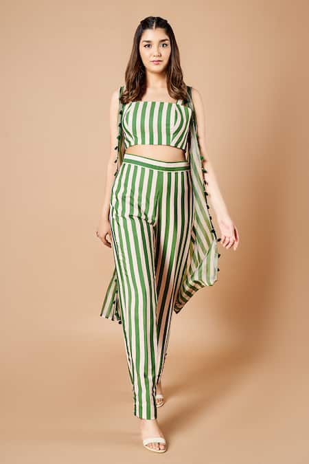 Sammohi By Moksha And Hiral Green Organza, Silk Open , Square Stripe Pattern Jacket Pant Set Online at Aza Fashions Sammohi By Moksha And Hiral_Green Organza, Silk Open , Square Stripe Pattern Jacket Pant Set _Online_at_Aza_Fashions