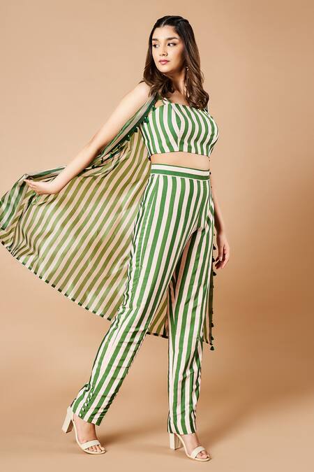 Sammohi By Moksha And Hiral Green Organza, Silk Open , Square Stripe Pattern Jacket Pant Set at Aza Fashions Sammohi By Moksha And Hiral_Green Organza, Silk Open , Square Stripe Pattern Jacket Pant Set _at_Aza_Fashions