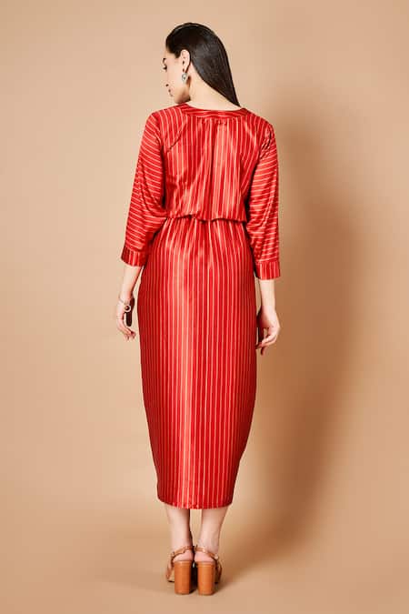 Shop Sammohi By Moksha And Hiral Red Satin V-neck Sienna Stripe Pattern Dress at Aza Fashions Shop_Sammohi By Moksha And Hiral_Red Satin V-neck Sienna Stripe Pattern Dress _at_Aza_Fashions