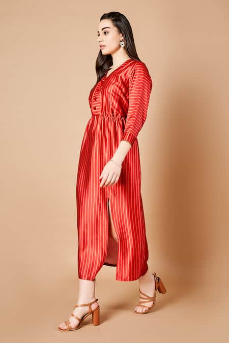 Sammohi By Moksha And Hiral Red Satin V-neck Sienna Stripe Pattern Dress Online at Aza Fashions Sammohi By Moksha And Hiral_Red Satin V-neck Sienna Stripe Pattern Dress _Online_at_Aza_Fashions