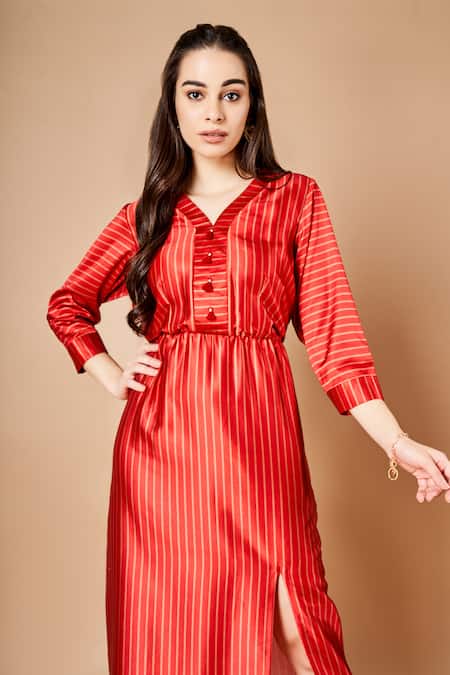 Buy Sammohi By Moksha And Hiral Red Satin V-neck Sienna Stripe Pattern Dress Online at Aza Fashions Buy_Sammohi By Moksha And Hiral_Red Satin V-neck Sienna Stripe Pattern Dress _Online_at_Aza_Fashions