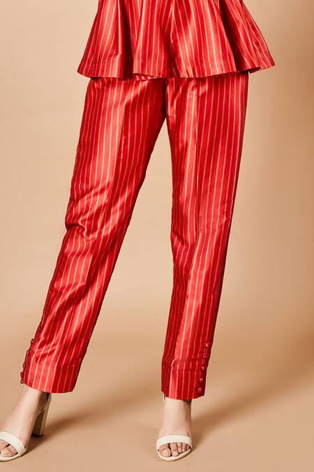 Buy Sammohi By Moksha And Hiral Red Silk, Satin Round Neck Sienna Stripe Pattern Top With Pant Online at Aza Fashions Buy_Sammohi By Moksha And Hiral_Red Silk, Satin Round Neck Sienna Stripe Pattern Top With Pant _Online_at_Aza_Fashions