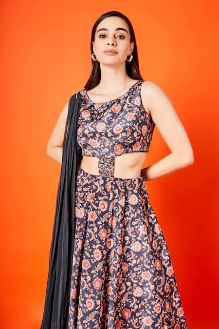 Sammohi By Moksha And Hiral Black Crepe, Silk Round Neck Daphne Flower Vine Print Gown Online at Aza Fashions Sammohi By Moksha And Hiral_Black Crepe, Silk Round Neck Daphne Flower Vine Print Gown _Online_at_Aza_Fashions