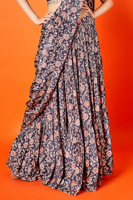 Buy Sammohi By Moksha And Hiral Black Silk, Crepe Beads Round Pre-draped Floral Print Skirt Saree With Blouse Online at Aza Fashions Buy_Sammohi By Moksha And Hiral_Black Silk, Crepe Beads Round Pre-draped Floral Print Skirt Saree With Blouse _Online_at_Aza_Fashions