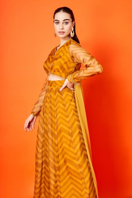 Buy Sammohi By Moksha And Hiral Yellow Organza, Tulle V-neck Clara Chevron Print Anarkali Pant Set Online at Aza Fashions Buy_Sammohi By Moksha And Hiral_Yellow Organza, Tulle V-neck Clara Chevron Print Anarkali Pant Set _Online_at_Aza_Fashions