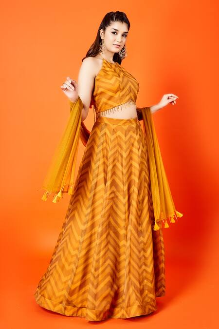 Sammohi By Moksha And Hiral_Yellow Organza, Tulle Halter Neck Clara Chevron Print Lehenga Set _Online_at_Aza_Fashions