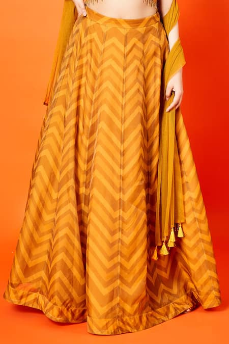 Shop_Sammohi By Moksha And Hiral_Yellow Organza, Tulle Halter Neck Clara Chevron Print Lehenga Set _Online_at_Aza_Fashions